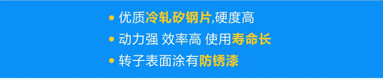 使用優(yōu)質(zhì)冷軋矽鋼片，硬度高；轉(zhuǎn)子經(jīng)高頻淬火，動(dòng)力強(qiáng) 效率高 壽命長(zhǎng)；轉(zhuǎn)子表面涂有防銹漆，更耐用！